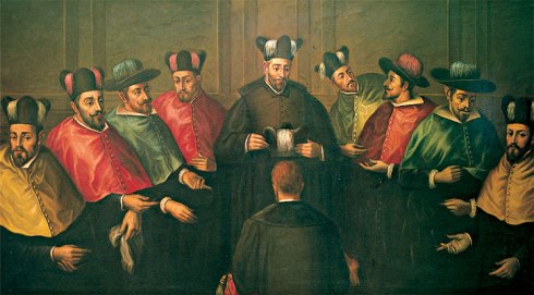 Antonio Martínez Anaya: Imposición del birrete a un nuevo Doctor. (Reproduction of a lost painting from the mid-17th century, oil on canvas, residing at the Universidad Complutense de Madrid)