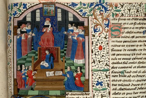 "Legal Dispute", Distinctiones in Decretales Gregorii IX, c. 1470-1480, Paris - Bibl. Mazarine - ms. 1331, 121, © Institut de recherche et d'histoire des textes - CNRS.