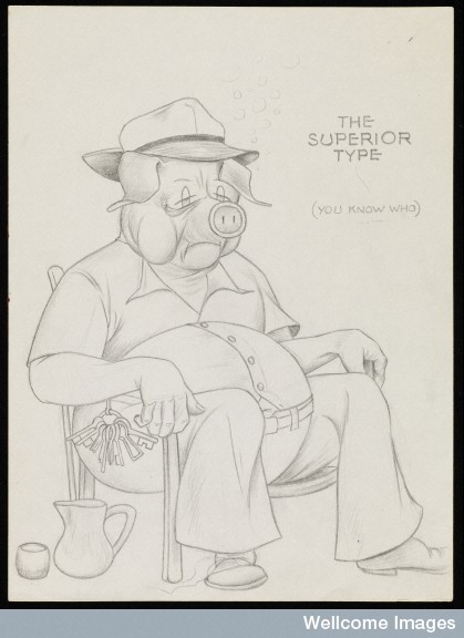 Drawing of staff member represented as a pig Credit: Wellcome Library, London. Wellcome Images images@wellcome.ac.uk http://wellcomeimages.org Patton State Hospital, San Bernardino, California: a staff member represented as a pig, asleep in a chair. Drawing by D.R. Wilder, ca. 1954. Wilder, Dudley Raymond, 1916-1957.  "The superior type (you know who)" One drawing of twelve in a sketchbook inscribed "Dudley R. Wilder". There is a record of a Dudley Raymond Wilder (1916-1957) who worked as a commercial artist in California from the 1930s to the 1950s and served as a staff sergeant in the US Marine Corps in 1943-1944. The quality of the drawings, and some of the military references, suggest they could well be by him, possibly in the last years of his life where confinement preceded an early death at the age of 41. Pencil drawing 1954 By: Dudley Raymond WilderPublished: [1954?] Copyrighted work available under Creative Commons by-nc-nd 4.0, see http://wellcomeimages.org/indexplus/page/Prices.html